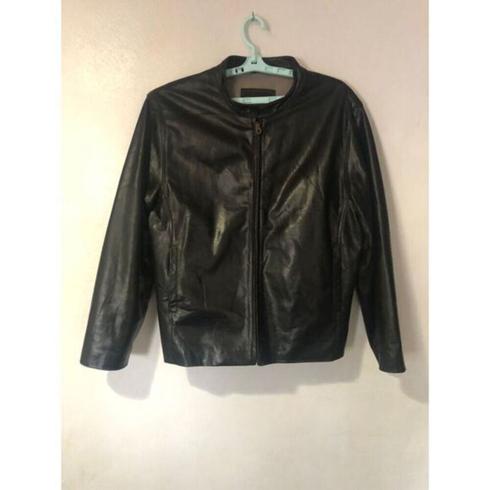 Vintage American Base New York Black Leather Jacket Classic Moto Style Zip Front
